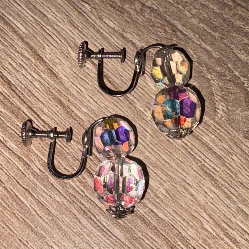 Vintage Continental borealis Crystal Clip-On Earrings Silvertone